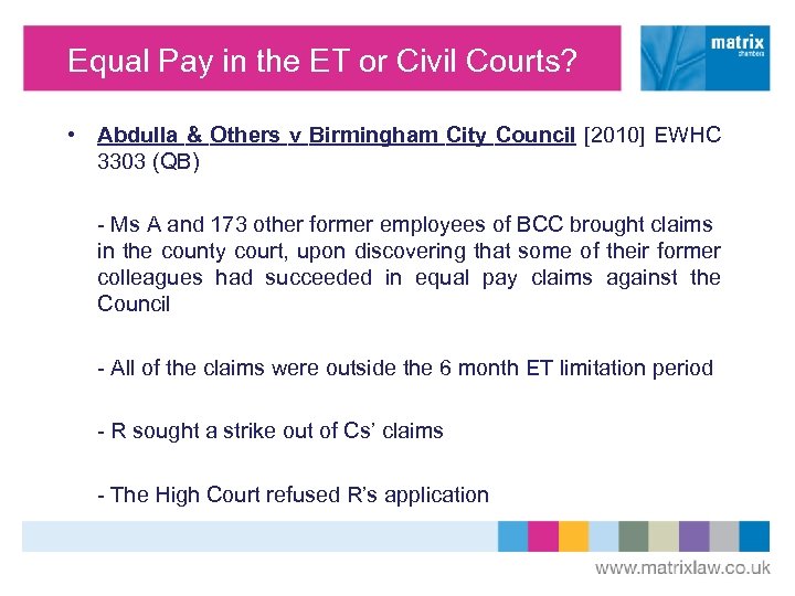 Equal Pay in the ET or Civil Courts? • Abdulla & Others v Birmingham