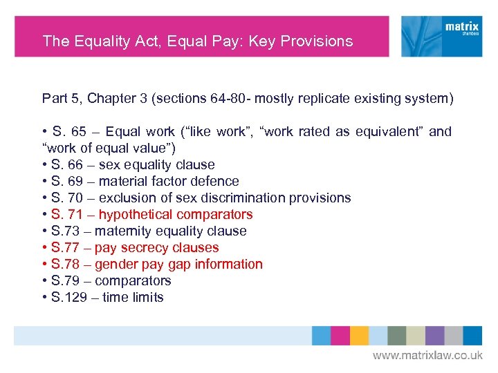 The Equality Act, Equal Pay: Key Provisions Part 5, Chapter 3 (sections 64 -80