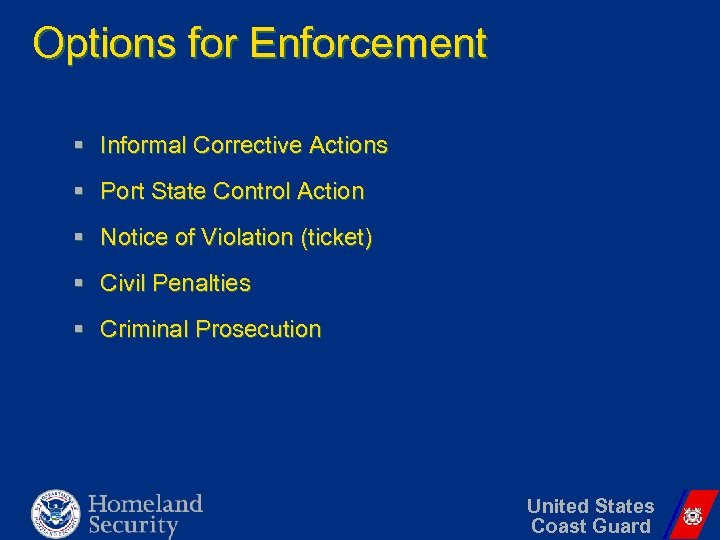Options for Enforcement § Informal Corrective Actions § Port State Control Action § Notice