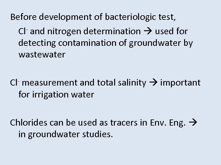 Before development of bacteriologic test, Cl- and nitrogen determination used for detecting contamination of