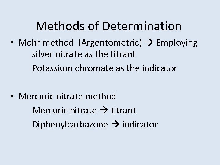 Methods of Determination • Mohr method (Argentometric) Employing silver nitrate as the titrant Potassium