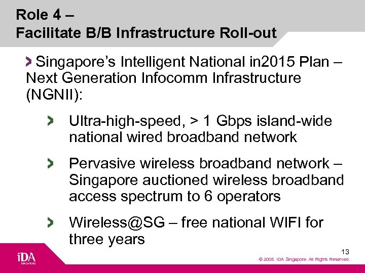 Role 4 – Facilitate B/B Infrastructure Roll-out Singapore’s Intelligent National in 2015 Plan –