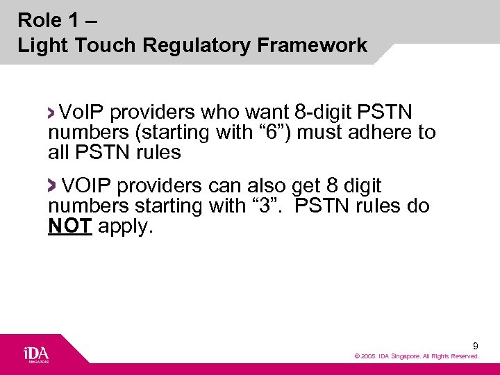 Role 1 – Light Touch Regulatory Framework Vo. IP providers who want 8 -digit