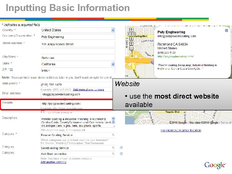 Inputting Basic Information Website • use the most direct website available 