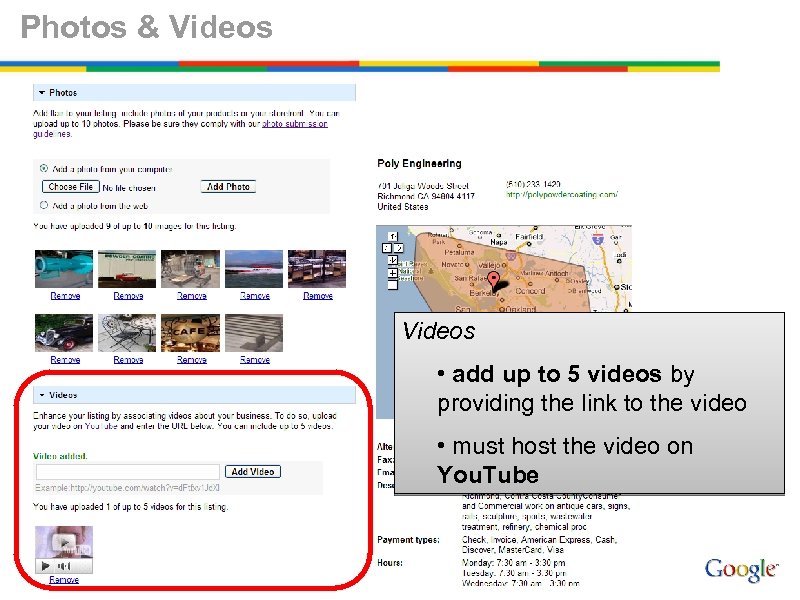 Photos & Videos • add up to 5 videos by providing the link to