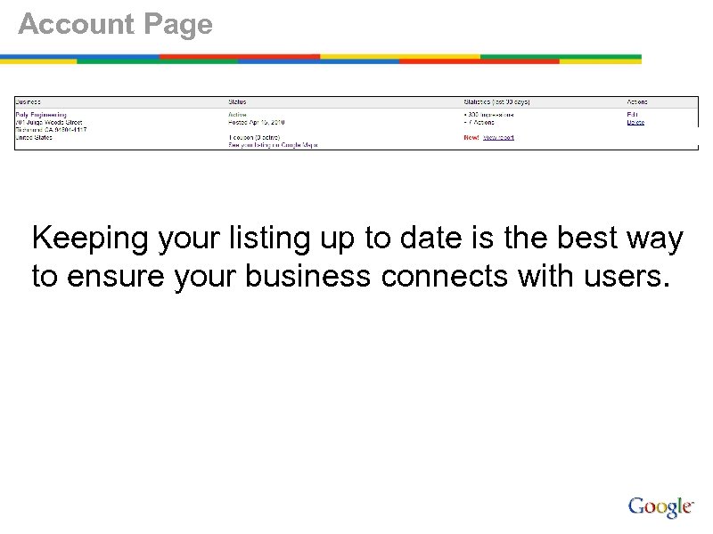 Account Page Keeping your listing up to date is the best way to ensure