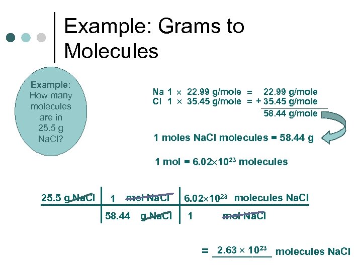 Example: Grams to Molecules Example: How many molecules are in 25. 5 g Na.