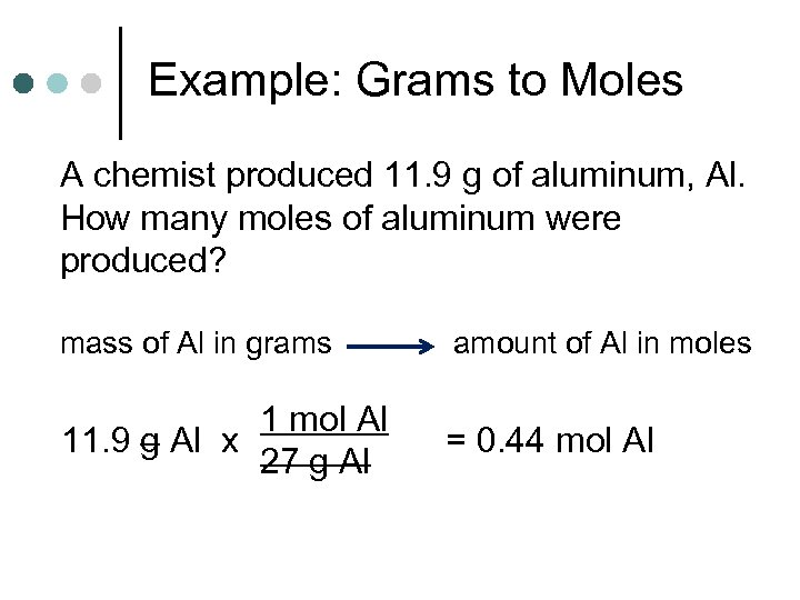 Example: Grams to Moles A chemist produced 11. 9 g of aluminum, Al. How