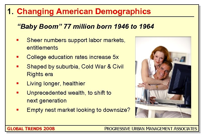 1. Changing American Demographics “Baby Boom” 77 million born 1946 to 1964 § Sheer