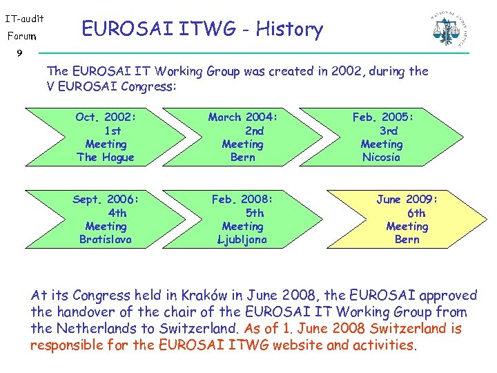 IT-audit Forum EUROSAI ITWG - History 9 The EUROSAI IT Working Group was created