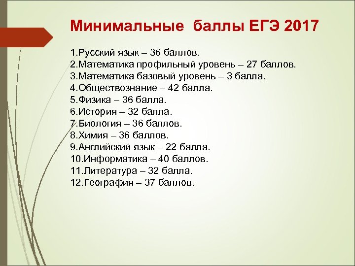 Минимальные баллы ЕГЭ 2017 1. Русский язык – 36 баллов. 2. Математика профильный уровень