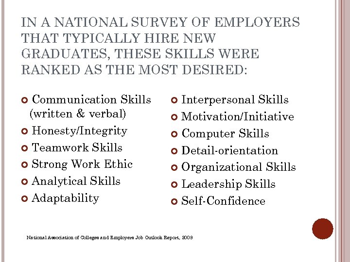 IN A NATIONAL SURVEY OF EMPLOYERS THAT TYPICALLY HIRE NEW GRADUATES, THESE SKILLS WERE