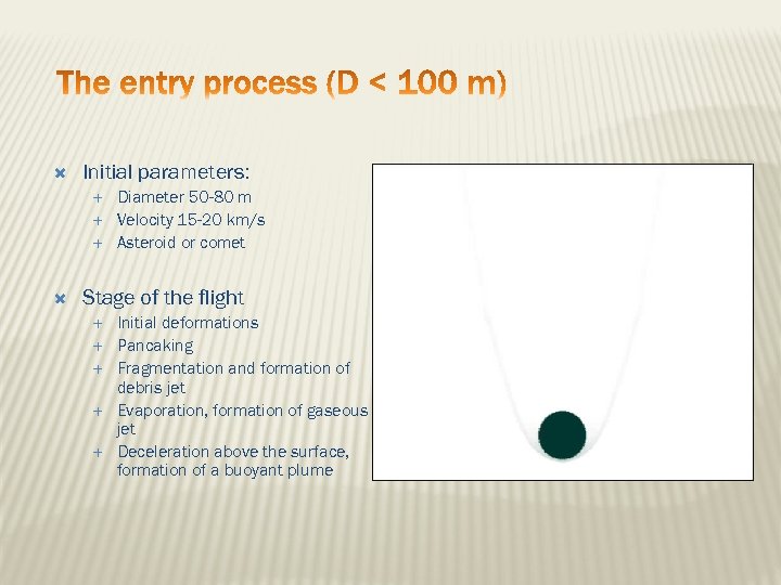  Initial parameters: Diameter 50 -80 m Velocity 15 -20 km/s Asteroid or comet