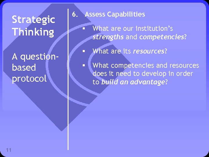 Strategic Thinking A questionbased protocol 11 6. Assess Capabilities § What are our institution’s
