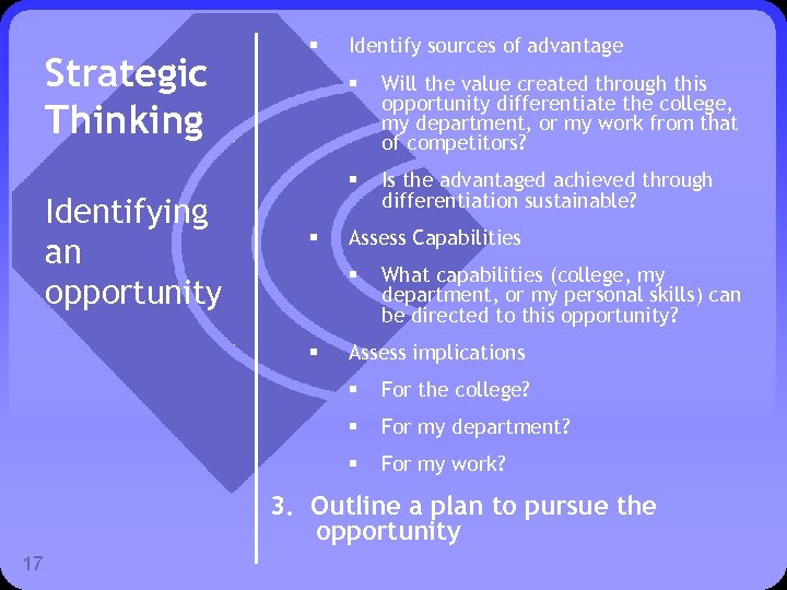 Strategic Thinking Identifying an opportunity § Identify sources of advantage § § § Will