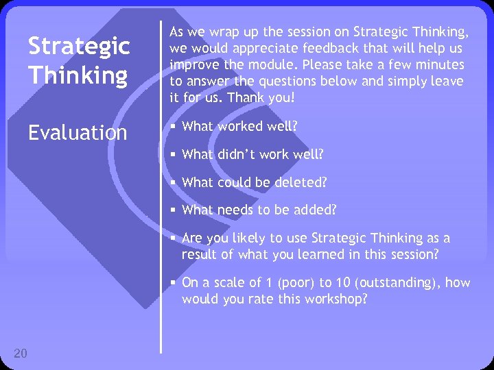 Strategic Thinking As we wrap up the session on Strategic Thinking, we would appreciate