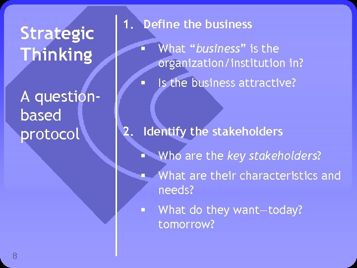 Strategic Thinking A questionbased protocol 1. Define the business § What “business” is the