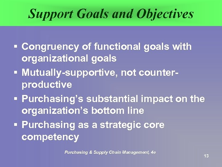 Support Goals and Objectives § Congruency of functional goals with organizational goals § Mutually-supportive,