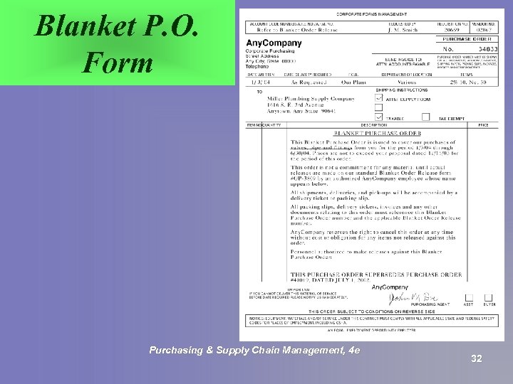 Blanket P. O. Form Purchasing & Supply Chain Management, 4 e 32 