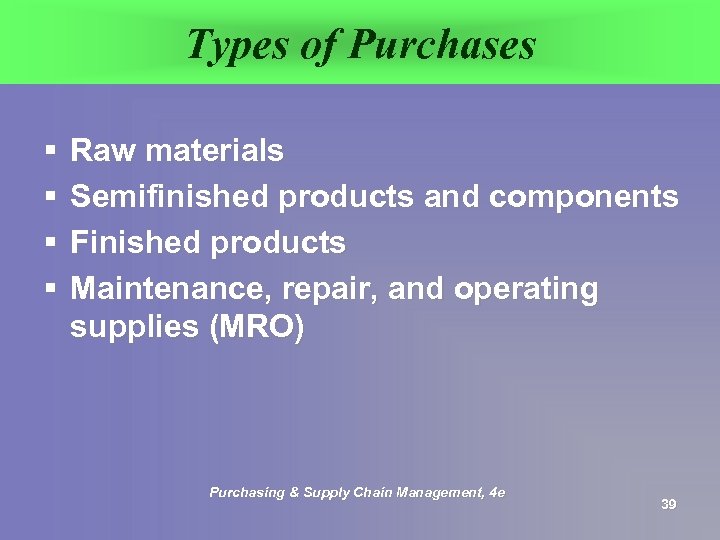 Types of Purchases § § Raw materials Semifinished products and components Finished products Maintenance,