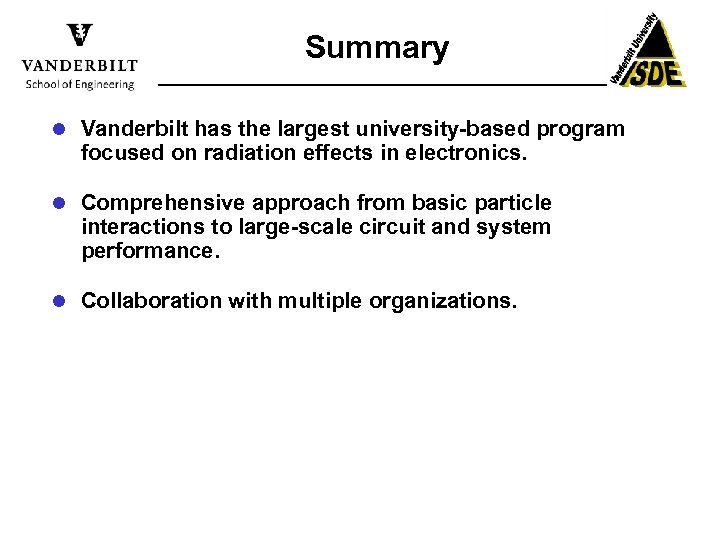 Summary l Vanderbilt has the largest university-based program focused on radiation effects in electronics.