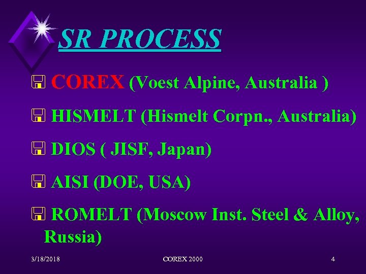 SR PROCESS < COREX (Voest Alpine, Australia ) < HISMELT (Hismelt Corpn. , Australia)