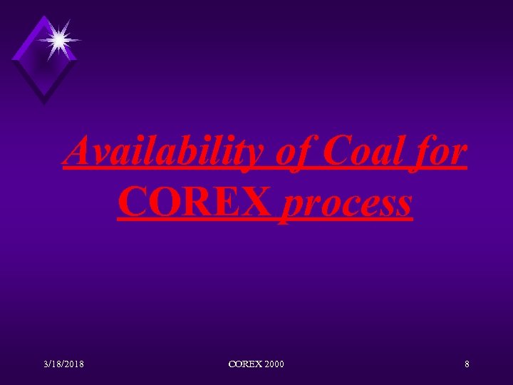 Availability of Coal for COREX process 3/18/2018 COREX 2000 8 