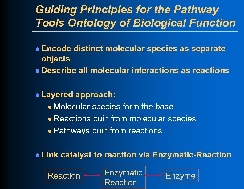 Guiding Principles for the Pathway Tools Ontology of Biological Function l Encode distinct molecular