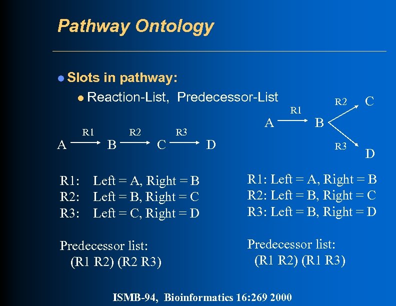 Pathway Ontology l Slots in pathway: l Reaction-List, Predecessor-List A R 1 B R