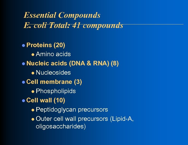 Essential Compounds E. coli Total: 41 compounds l Proteins (20) l Amino acids l