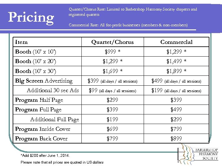 Pricing Quartet/Chorus Rate: Limited to Barbershop Harmony Society chapters and registered quartets Commercial Rate: