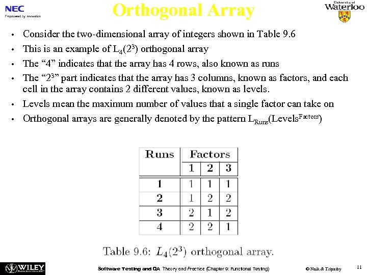 Orthogonal Array • • • Consider the two-dimensional array of integers shown in Table