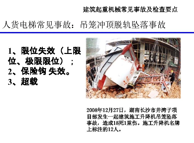 建筑起重机械常见事故及检查要点 人货电梯常见事故：吊笼冲顶脱轨坠落事故 1、限位失效（上限 位、极限限位）； 2、保险钩 失效。 3、超载 2008年 12月27日，湖南长沙市井湾子项 目部发生一起建筑施 升降机吊笼坠落 事故，造成 18死 1重伤。施