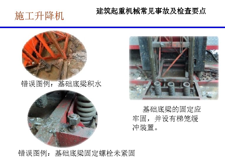 施 升降机 建筑起重机械常见事故及检查要点 错误图例：基础底梁积水 基础底梁的固定应 牢固，并设有梯笼缓 冲装置。 错误图例：基础底梁固定螺栓未紧固 