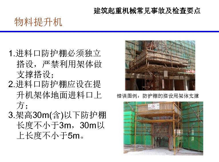 建筑起重机械常见事故及检查要点 物料提升机 1. 进料口防护棚必须独立 搭设，严禁利用架体做 支撑搭设； 2. 进料口防护棚应设在提 升机架体地面进料口上 方； 3. 架高 30 m(含)以下防护棚