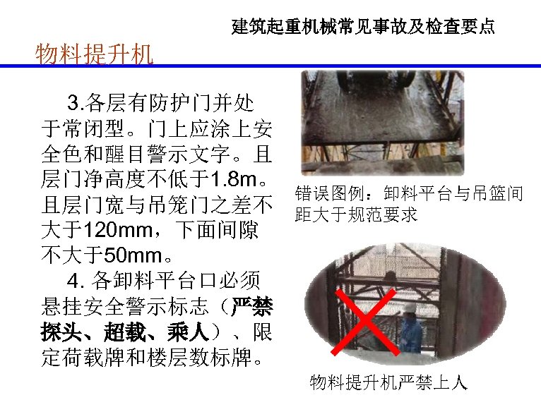 建筑起重机械常见事故及检查要点 物料提升机 3. 各层有防护门并处 于常闭型。门上应涂上安 全色和醒目警示文字。且 层门净高度不低于1. 8 m。 错误图例：卸料平台与吊篮间 且层门宽与吊笼门之差不 距大于规范要求 大于120 mm，下面间隙