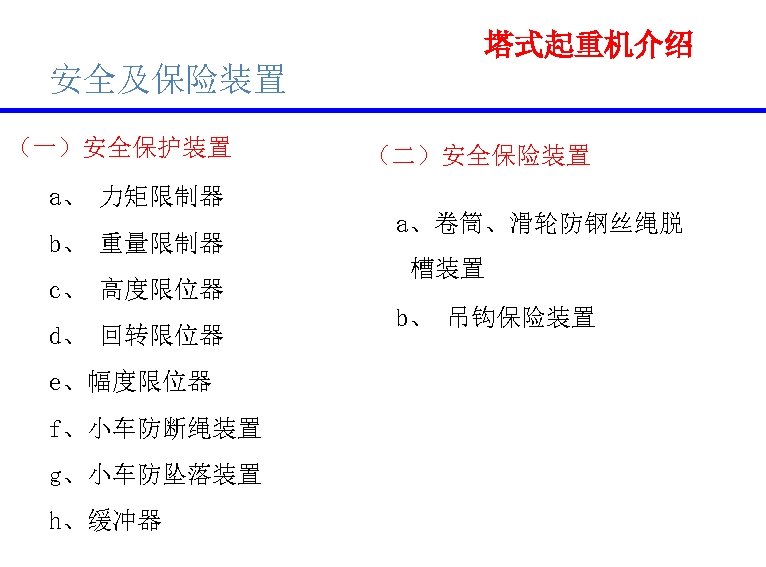 塔式起重机介绍 安全及保险装置 （一）安全保护装置 （二）安全保险装置 a、 力矩限制器 b、 重量限制器 c、 高度限位器 d、 回转限位器 e、幅度限位器 f、小车防断绳装置