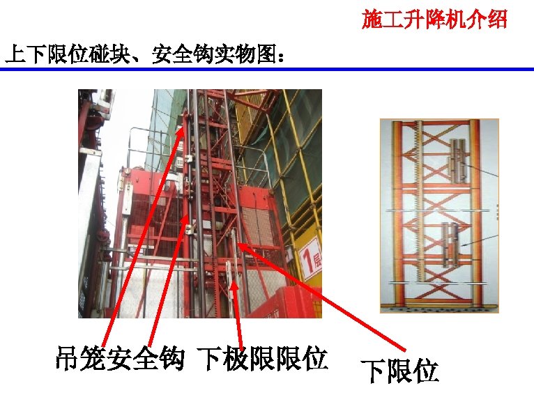施 升降机介绍 上下限位碰块、安全钩实物图： 吊笼安全钩 下极限限位 下限位 