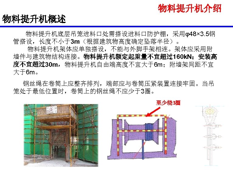 物料提升机介绍 物料提升机概述 物料提升机底层吊笼进料口处需搭设进料口防护棚，采用φ48× 3. 5钢 管搭设，长度不小于3 m（根据建筑物高度确定坠落半径）。 物料提升机架体应单独搭设，不能与外脚手架相连。架体应采用附 墙件与建筑物结构连接。物料提升机额定起重量不宜超过160 k. N；安装高 度不宜超过30 m，物料提升机自由端高度不宜大于6 m；附墙架间距不宜