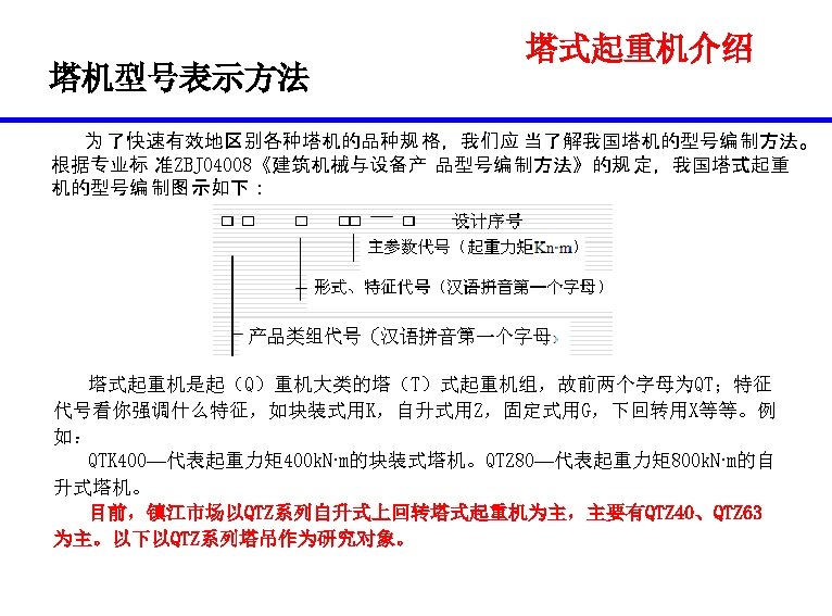 塔机型号表示方法 塔式起重机介绍 为 了快速有效地区别各种塔机的品种规 格，我们应 当了解我国塔机的型号编 制方法。 根据专业标 准ZBJ 04008《建筑机械与设备产 品型号编 制方法》的规 定，我国塔式起重 机的型号编