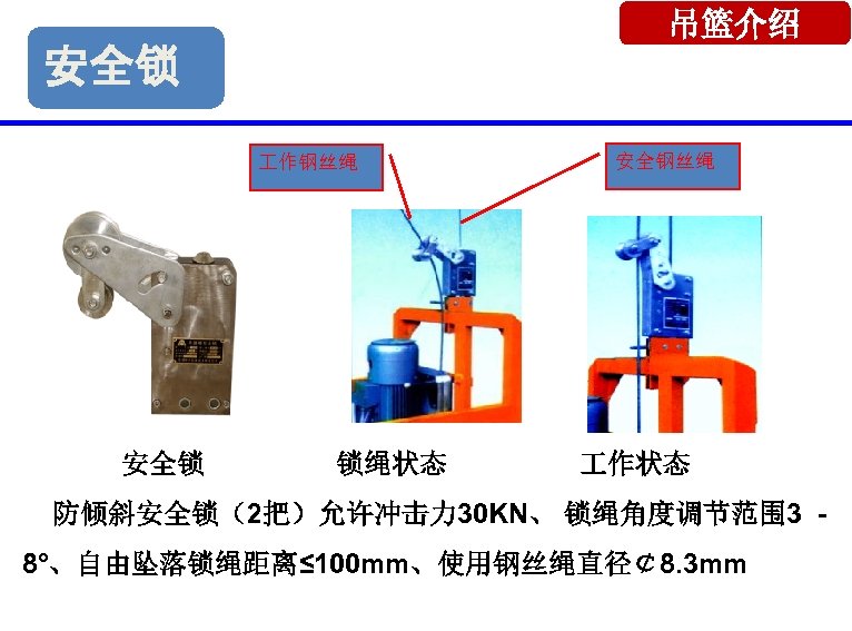 吊篮介绍 安全锁 作钢丝绳 安全钢丝绳 安全锁 锁绳状态 作状态 防倾斜安全锁（2把）允许冲击力 30 KN、 锁绳角度调节范围 3 8°、自由坠落锁绳距离≤ 100