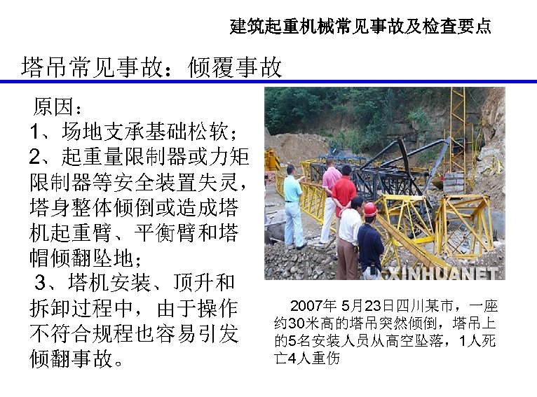 建筑起重机械常见事故及检查要点 塔吊常见事故：倾覆事故 原因： 1、场地支承基础松软； 2、起重量限制器或力矩 限制器等安全装置失灵， 塔身整体倾倒或造成塔 机起重臂、平衡臂和塔 帽倾翻坠地； 3、塔机安装、顶升和 拆卸过程中，由于操作 不符合规程也容易引发 倾翻事故。 2007年