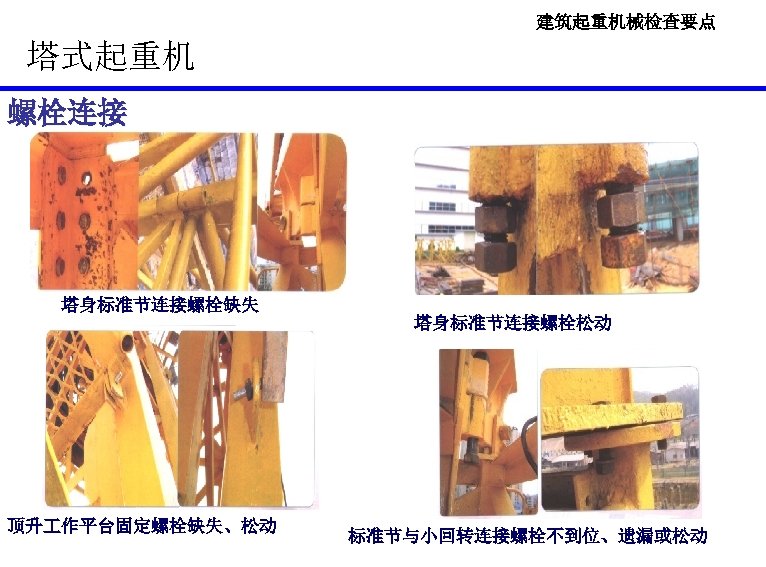 建筑起重机械检查要点 塔式起重机 螺栓连接 塔身标准节连接螺栓缺失 顶升 作平台固定螺栓缺失、松动 塔身标准节连接螺栓松动 标准节与小回转连接螺栓不到位、遗漏或松动 