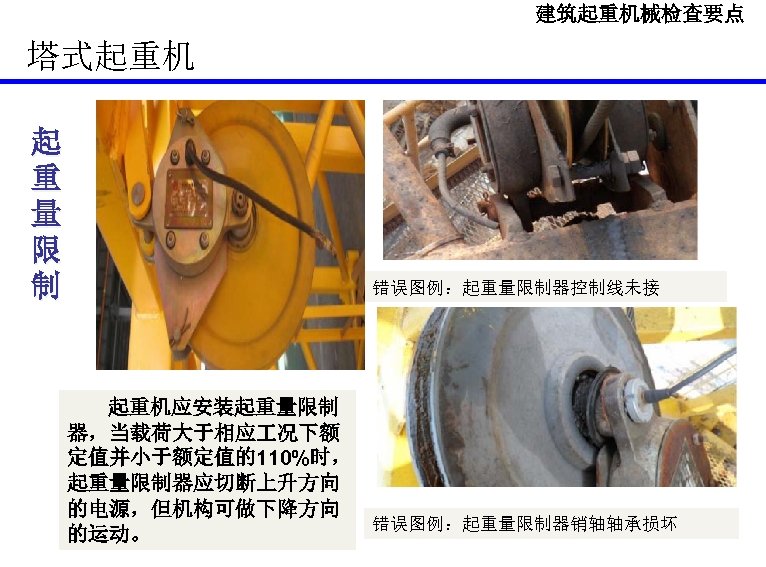 建筑起重机械检查要点 塔式起重机 起 重 量 限 制 错误图例：起重量限制器控制线未接 起重机应安装起重量限制 器，当载荷大于相应 况下额 定值并小于额定值的110%时， 起重量限制器应切断上升方向 的电源，但机构可做下降方向