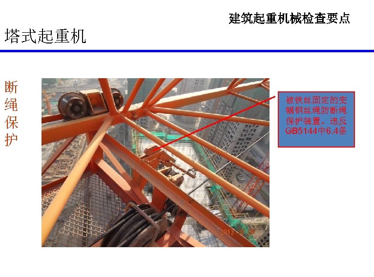 建筑起重机械检查要点 塔式起重机 断 绳 保 护 被铁丝固定的变 幅钢丝绳防断绳 保护装置。违反 GB 5144中 6. 4条 