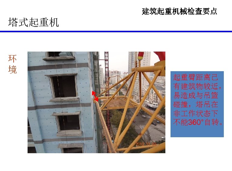 建筑起重机械检查要点 塔式起重机 环 境 起重臂距离已 有建筑物较近， 易造成与吊篮 碰撞，塔吊在 非 作状态下 不能 360°自转。 