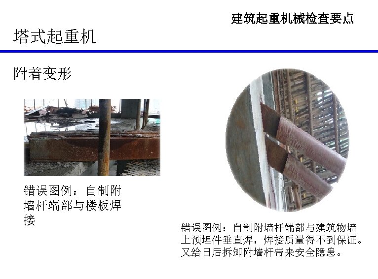 建筑起重机械检查要点 塔式起重机 附着变形 错误图例：自制附 墙杆端部与楼板焊 接 错误图例：自制附墙杆端部与建筑物墙 上预埋件垂直焊，焊接质量得不到保证。 又给日后拆卸附墙杆带来安全隐患。 