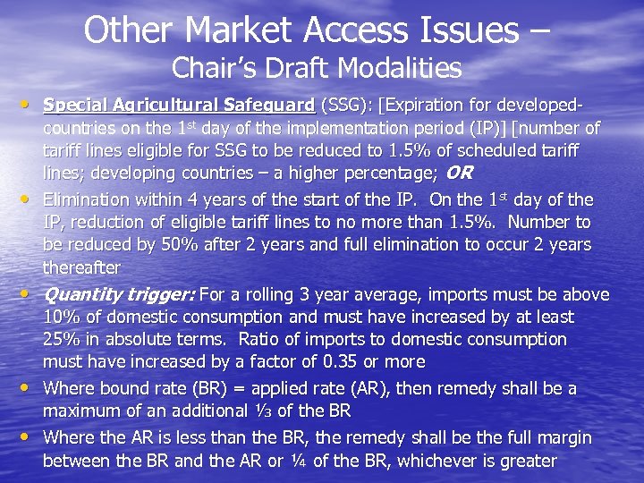 Other Market Access Issues – Chair’s Draft Modalities • Special Agricultural Safeguard (SSG): [Expiration