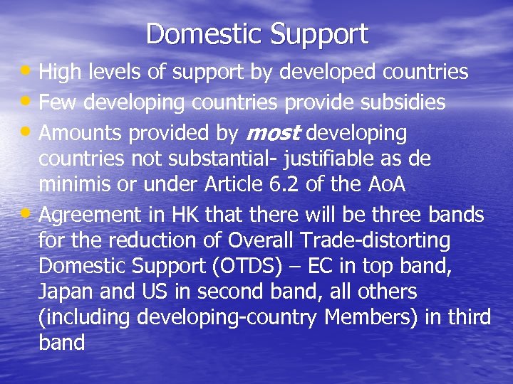 Domestic Support • High levels of support by developed countries • Few developing countries