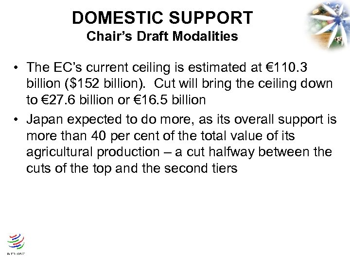 DOMESTIC SUPPORT Chair’s Draft Modalities • The EC’s current ceiling is estimated at €